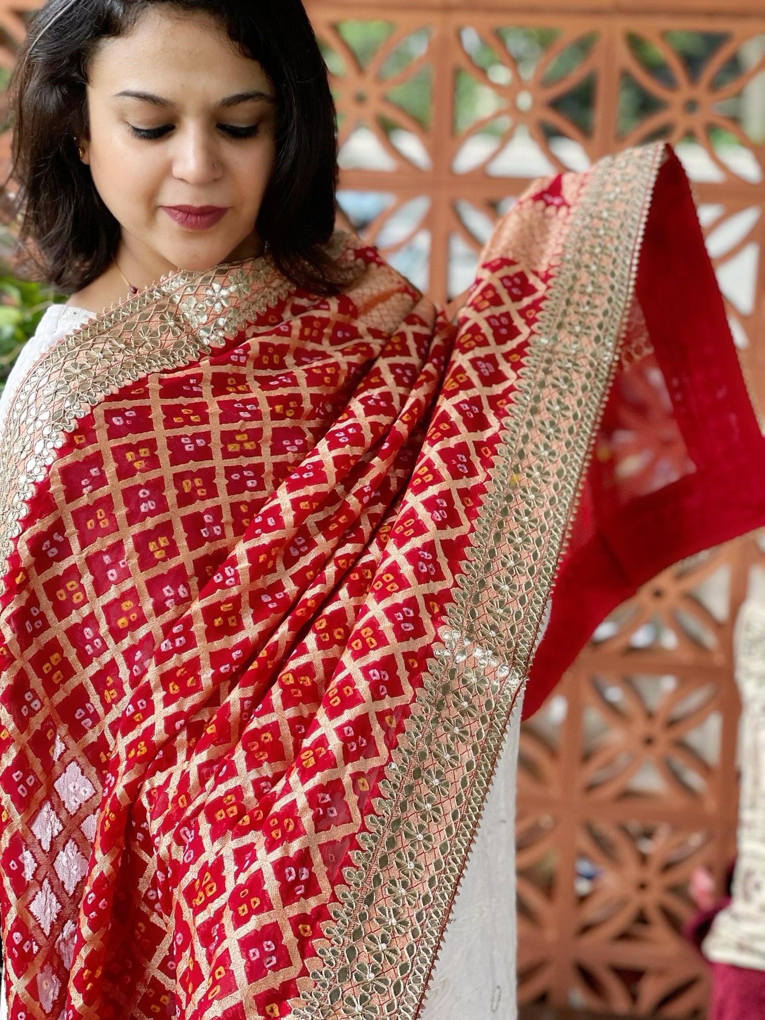 Red Handwoven NeemZari Bareek Bandhani with Gotapatti Handwork in Pure Georgette - Masakalee