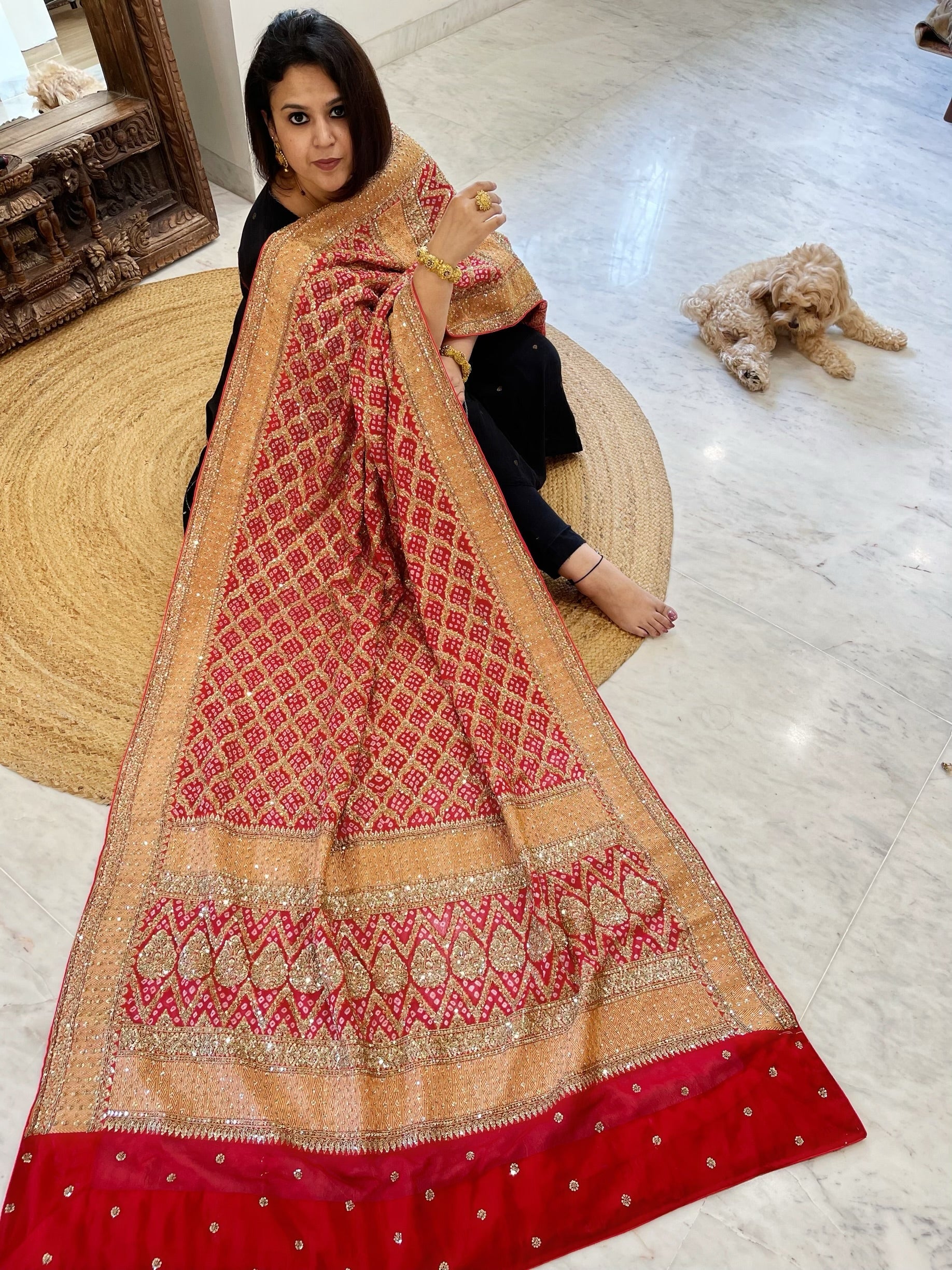 Red Handwoven NeemZari Bareek Bandhani with Meenakari and Dabka Handwork in Pure Georgette - Masakalee