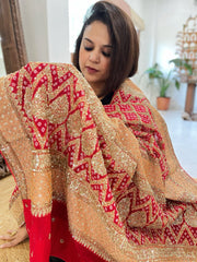 Red Handwoven NeemZari Bareek Bandhani with Meenakari and Dabka Handwork in Pure Georgette - Masakalee