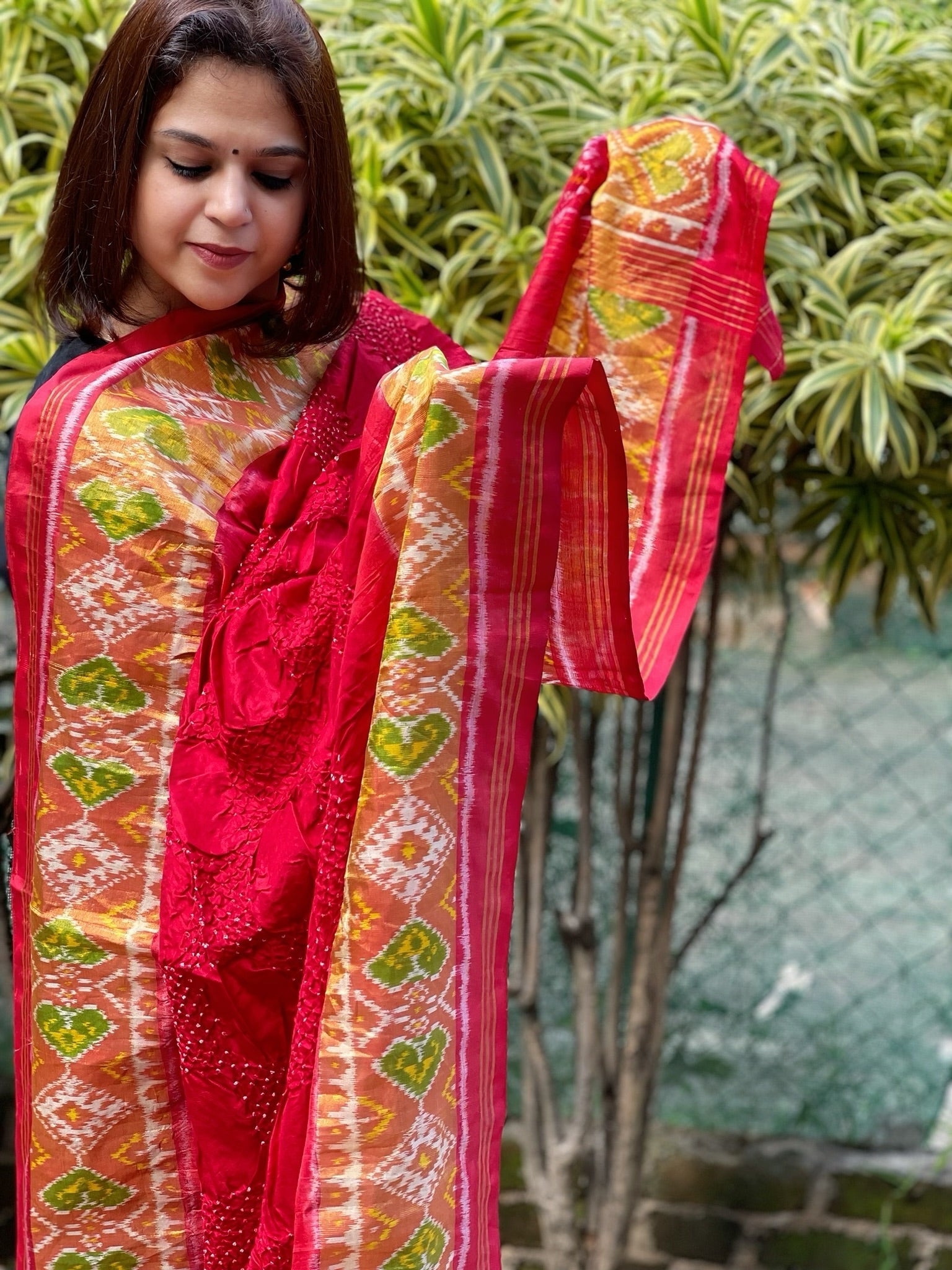 Red Handwoven Patola with Rai Bandhej Dupatta in Pure Silk - Masakalee