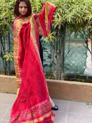 Red Handwoven Patola with Rai Bandhej Dupatta in Pure Silk - Masakalee