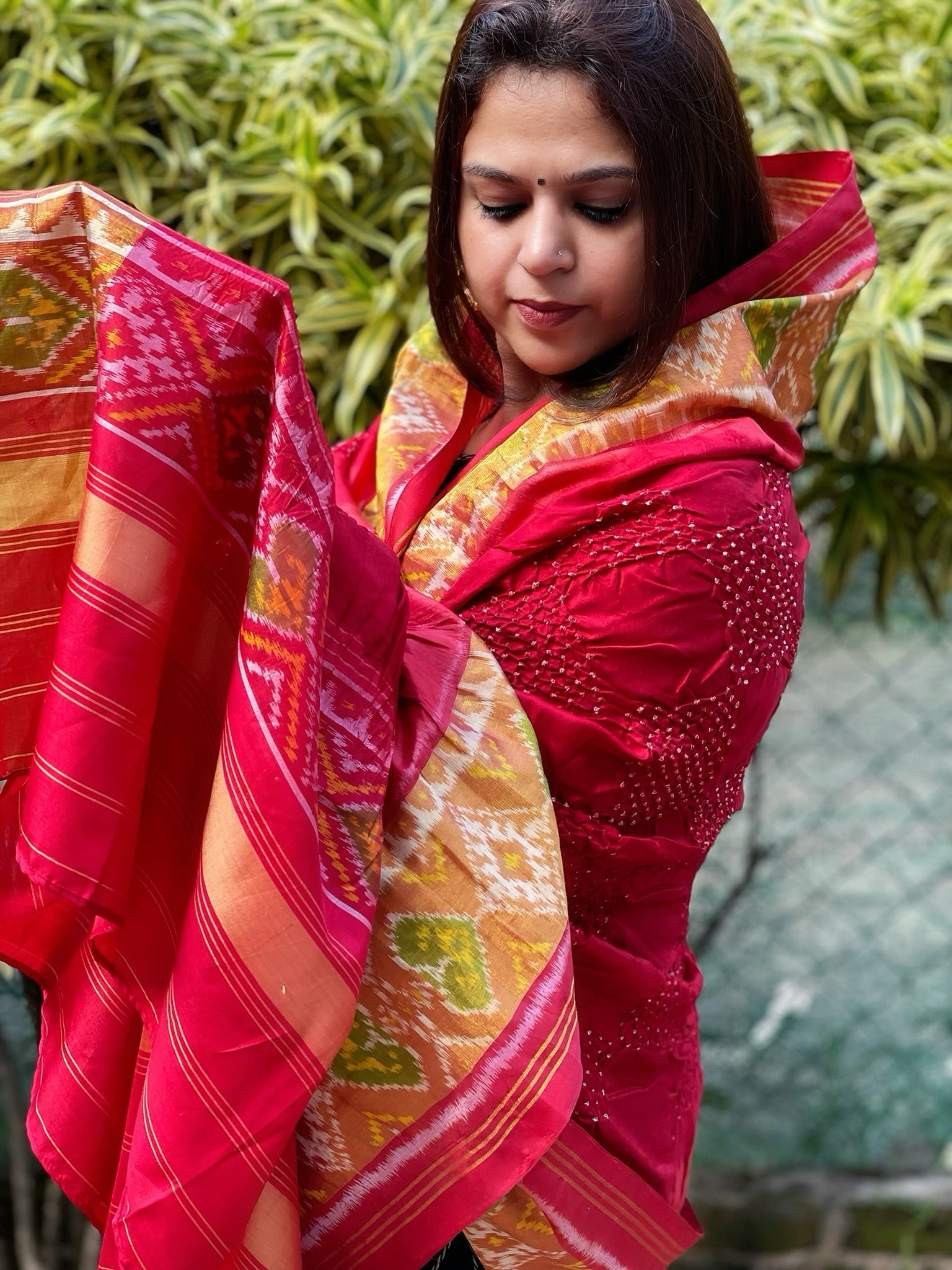 Red Handwoven Patola with Rai Bandhej Dupatta in Pure Silk - Masakalee