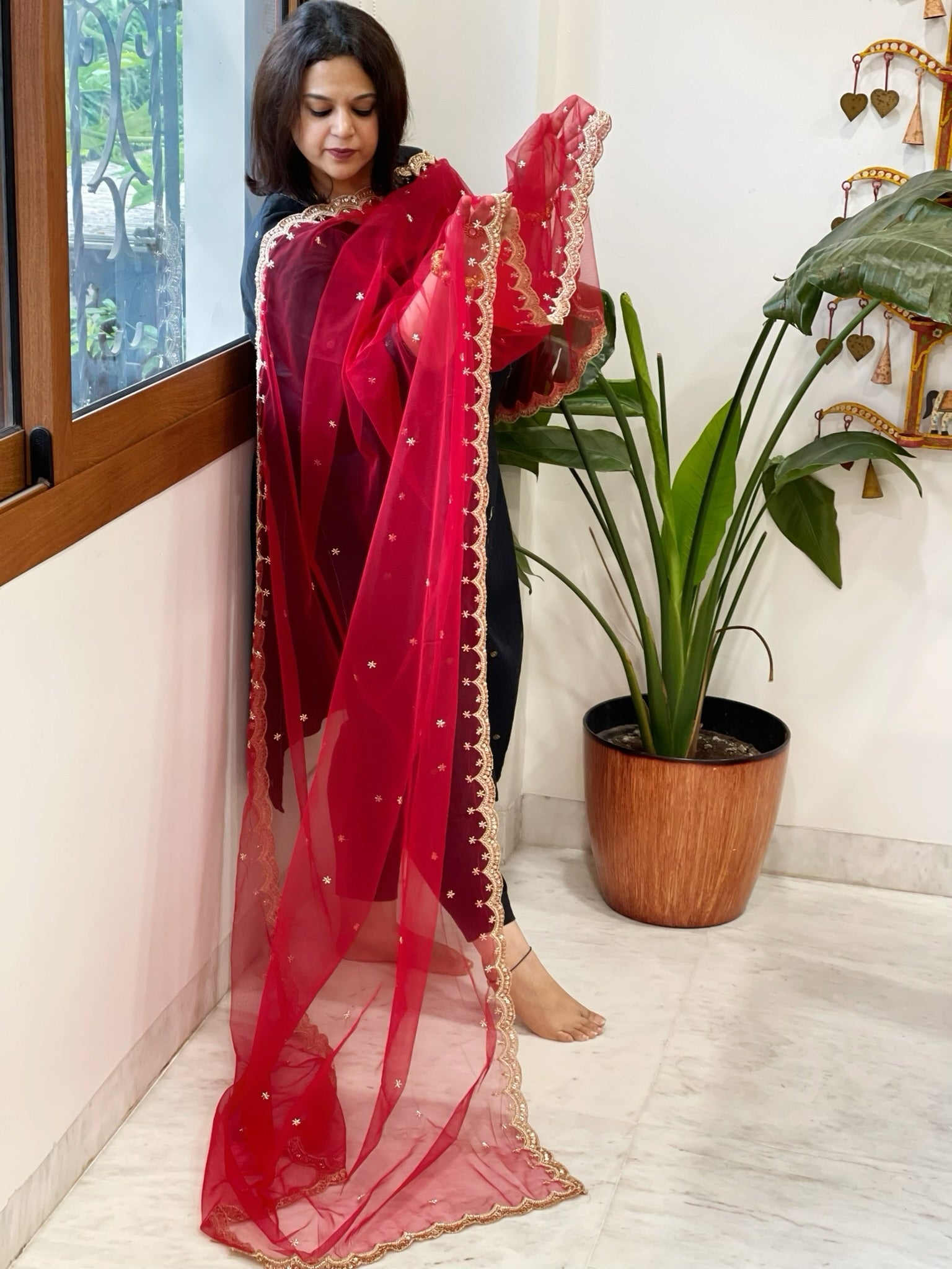 Red Net Dupatta with Pearl, Sequin and Cut Daana Embroidery - Masakalee