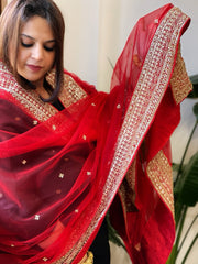 Red Net Dupatta with Sequin Butas and Heavy Embroidered Border - Masakalee