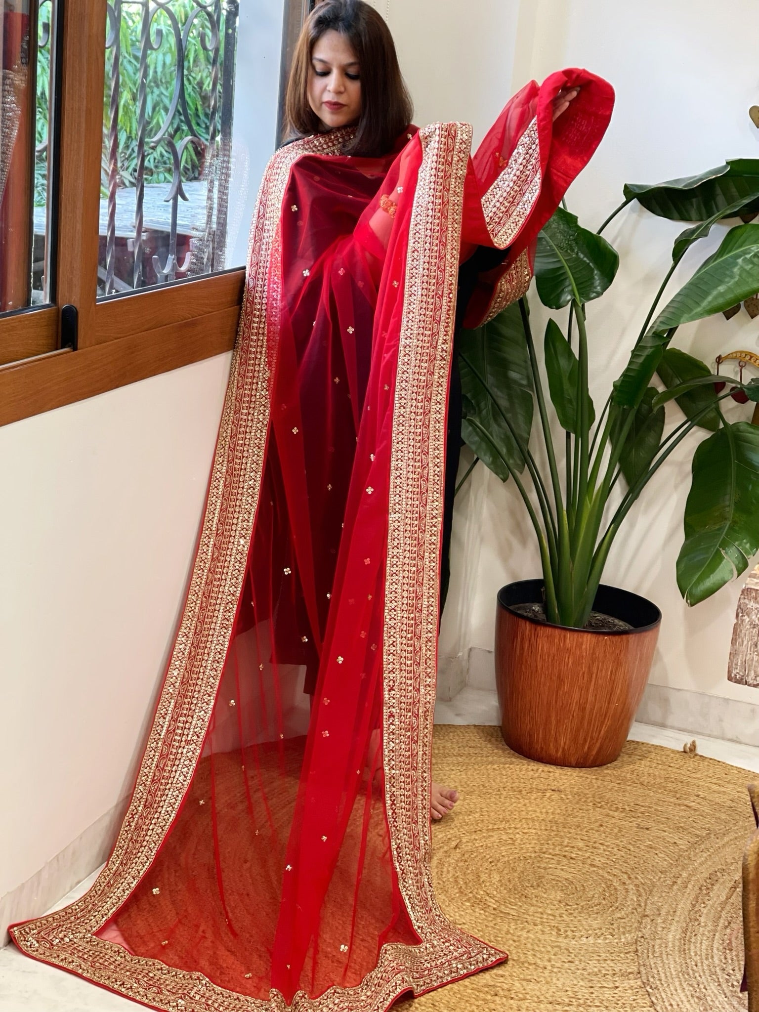 Red Net Dupatta with Sequin Butas and Heavy Embroidered Border - Masakalee