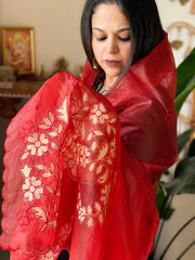 Red Organza dupatta with Applique Work - Masakalee
