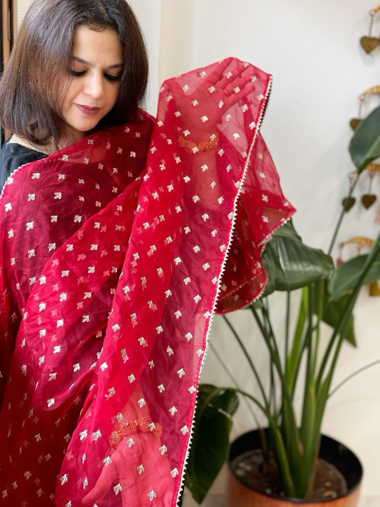 Red Organza Dupatta with Pitta Work Butas and Gota Lace Border - Masakalee
