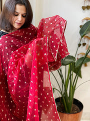 Red Organza Dupatta with Pitta Work Butas and Gota Lace Border - Masakalee