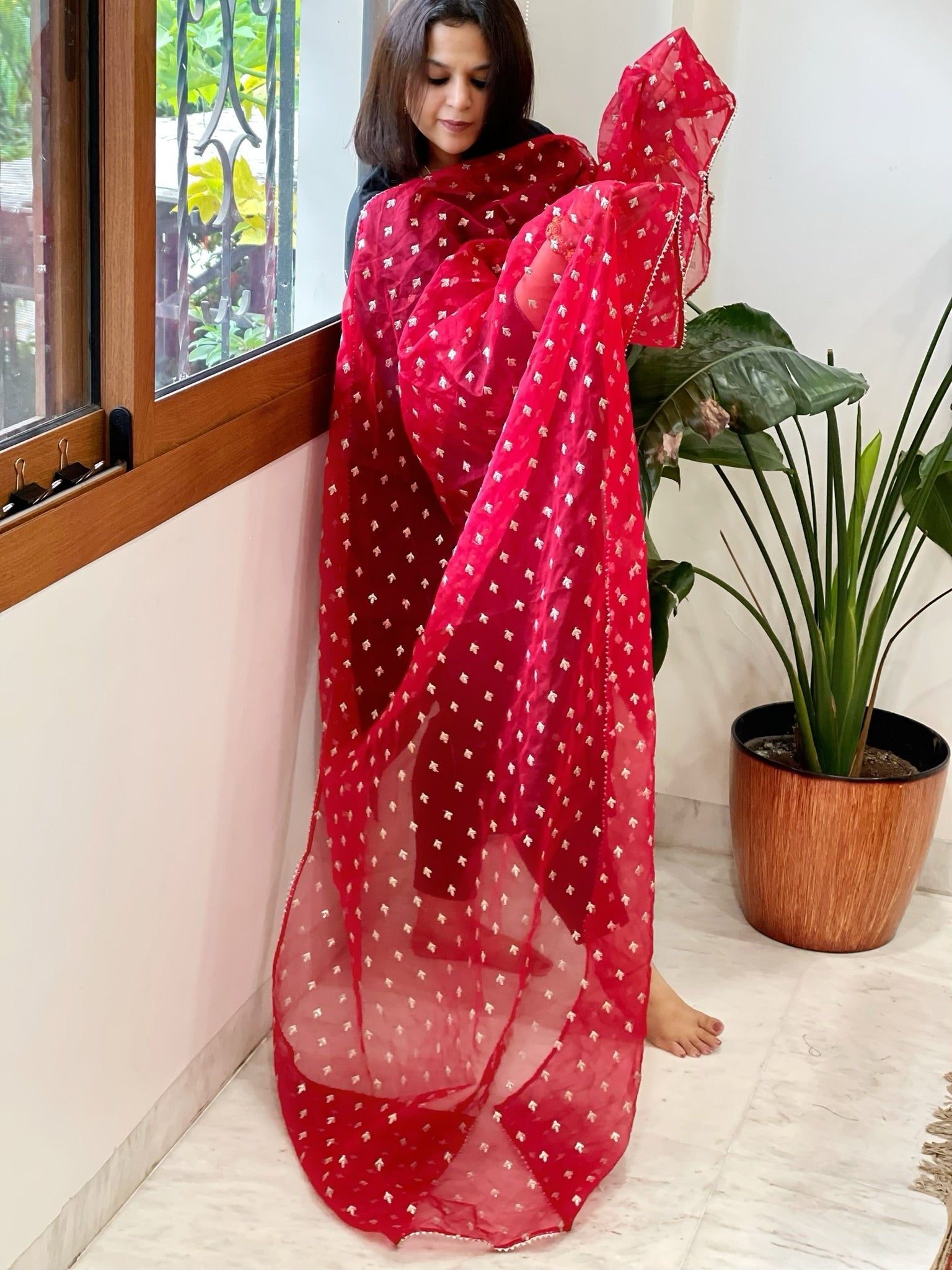 Red Organza Dupatta with Pitta Work Butas and Gota Lace Border - Masakalee
