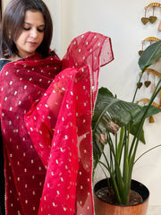 Red Organza Dupatta with Pitta Work Butas and Gota Lace Border - Masakalee