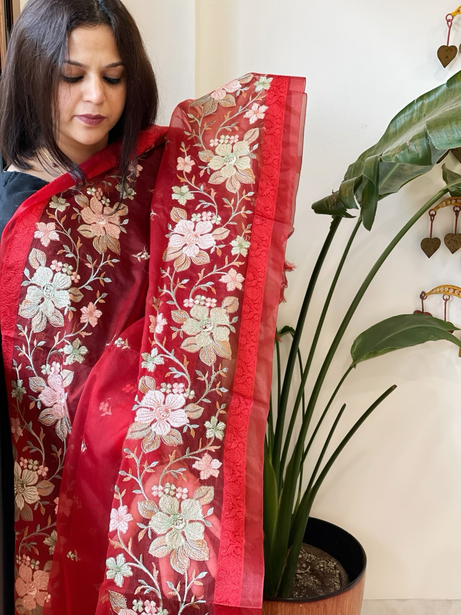 Red Organza Dupatta with Thread Embroidery - Masakalee