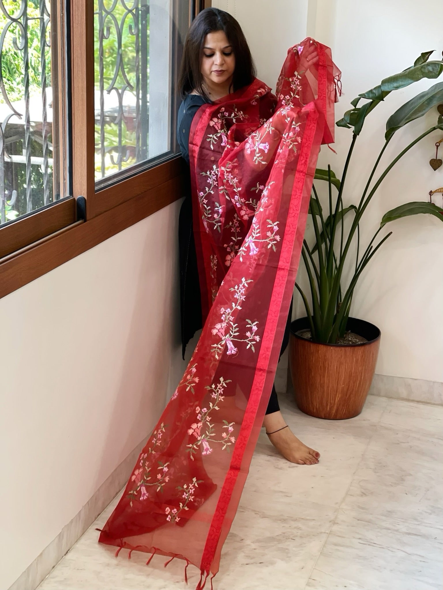Red Organza Dupatta with Thread Embroidery - Masakalee