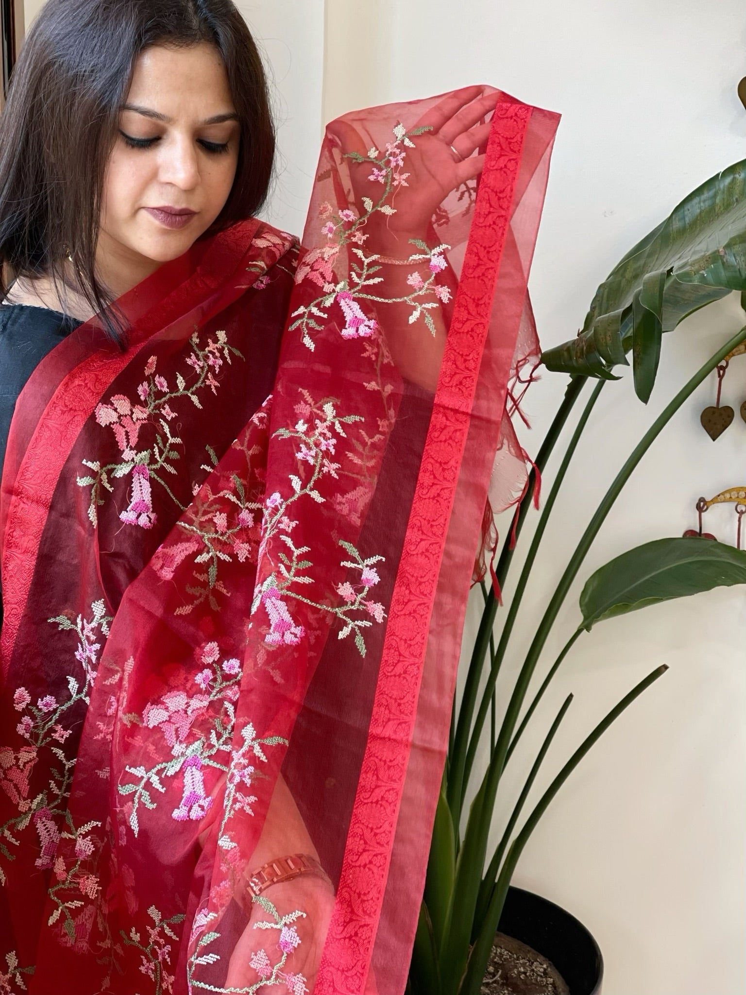 Red Organza Dupatta with Thread Embroidery - Masakalee