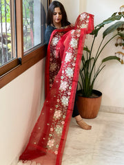 Red Organza Dupatta with Thread Embroidery - Masakalee