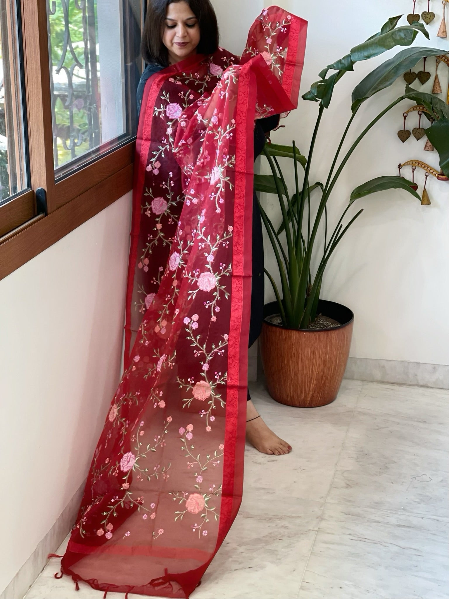 Red Organza Dupatta with Thread Embroidery - Masakalee