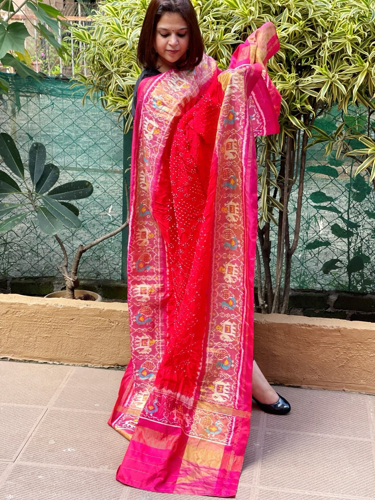 Red, Pink Handwoven Patola with Rai Bandhej Dupatta in Pure Silk - Masakalee