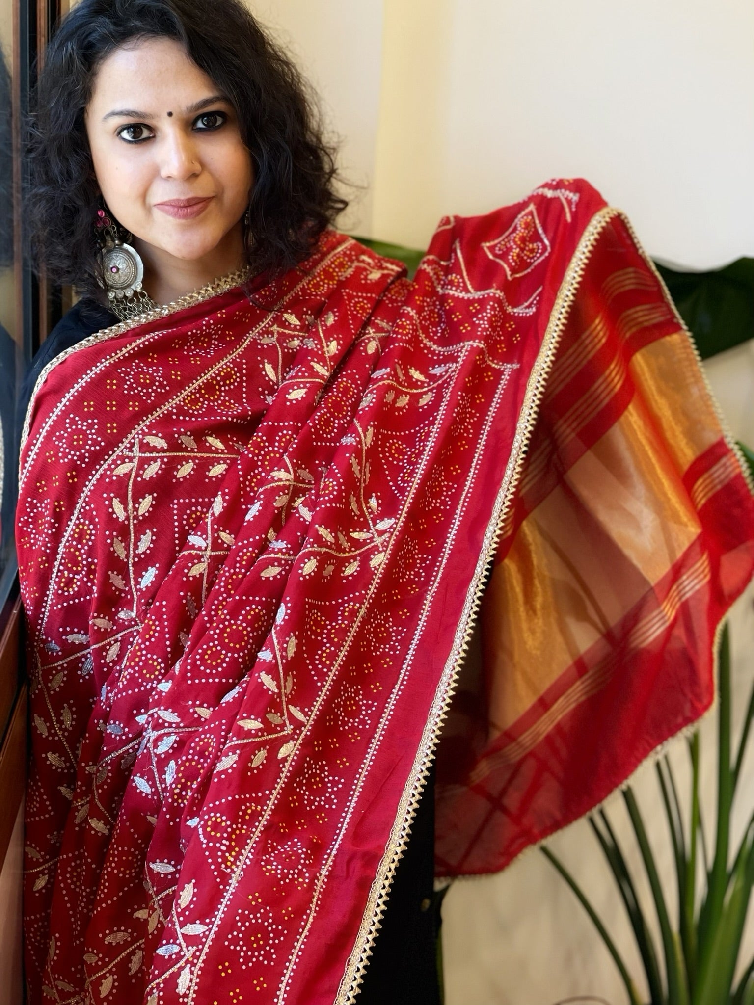 Red Printed Bandhej Chanderi Dupatta with Leather Gotapatti Work - Masakalee