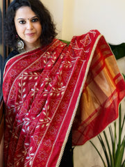 Red Printed Bandhej Chanderi Dupatta with Leather Gotapatti Work - Masakalee