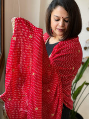 Red Printed Bandhej Chinon Dupatta with Sequin Butas and Border - Masakalee