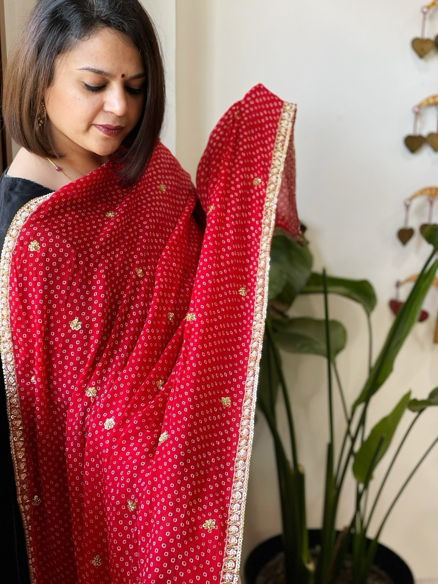 Red Printed Bandhej Chinon Dupatta with Sequin Butas and Border - Masakalee