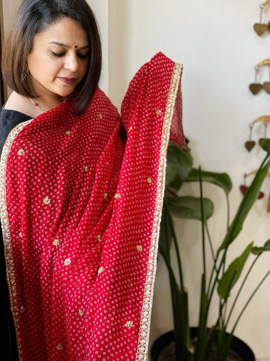 Red Printed Bandhej Chinon Dupatta with Sequin Butas and Border - Masakalee