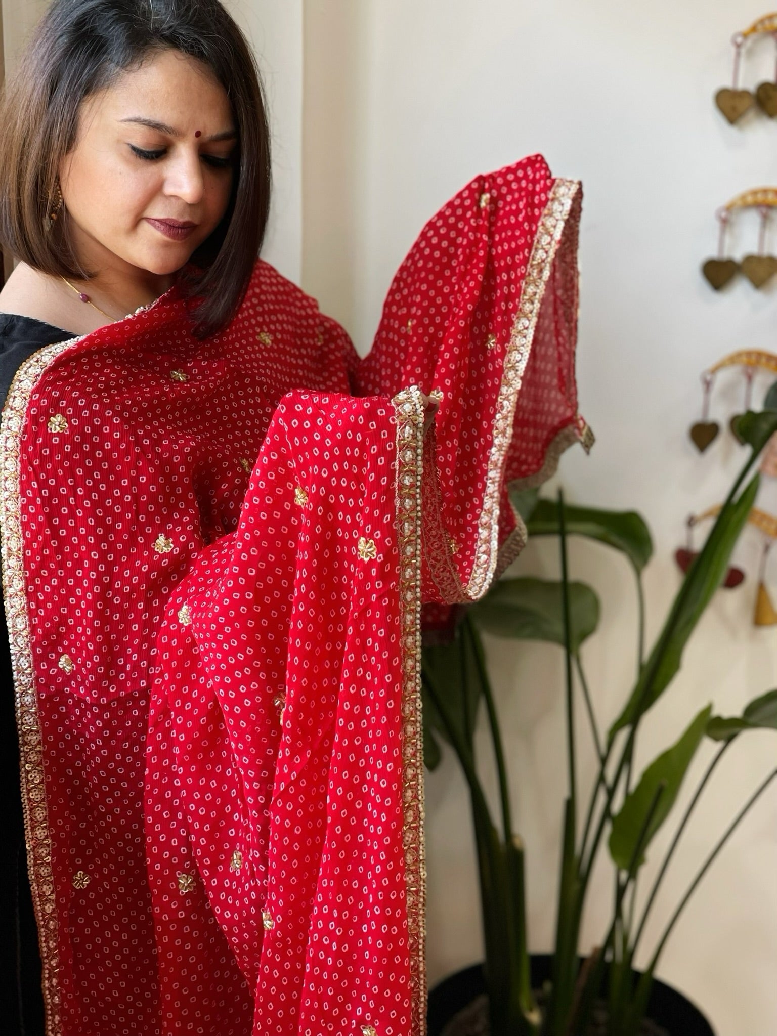 Red Printed Bandhej Chinon Dupatta with Sequin Butas and Border - Masakalee