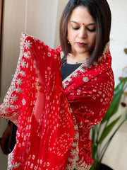 Red Printed Viscose Georgette Bandhej Dupatta with Gold Thread & Sequin Embroidered Border - Masakalee