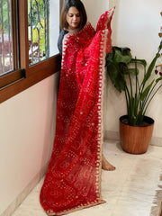 Red Printed Viscose Georgette Bandhej Dupatta with Gold Thread & Sequin Embroidered Border - Masakalee