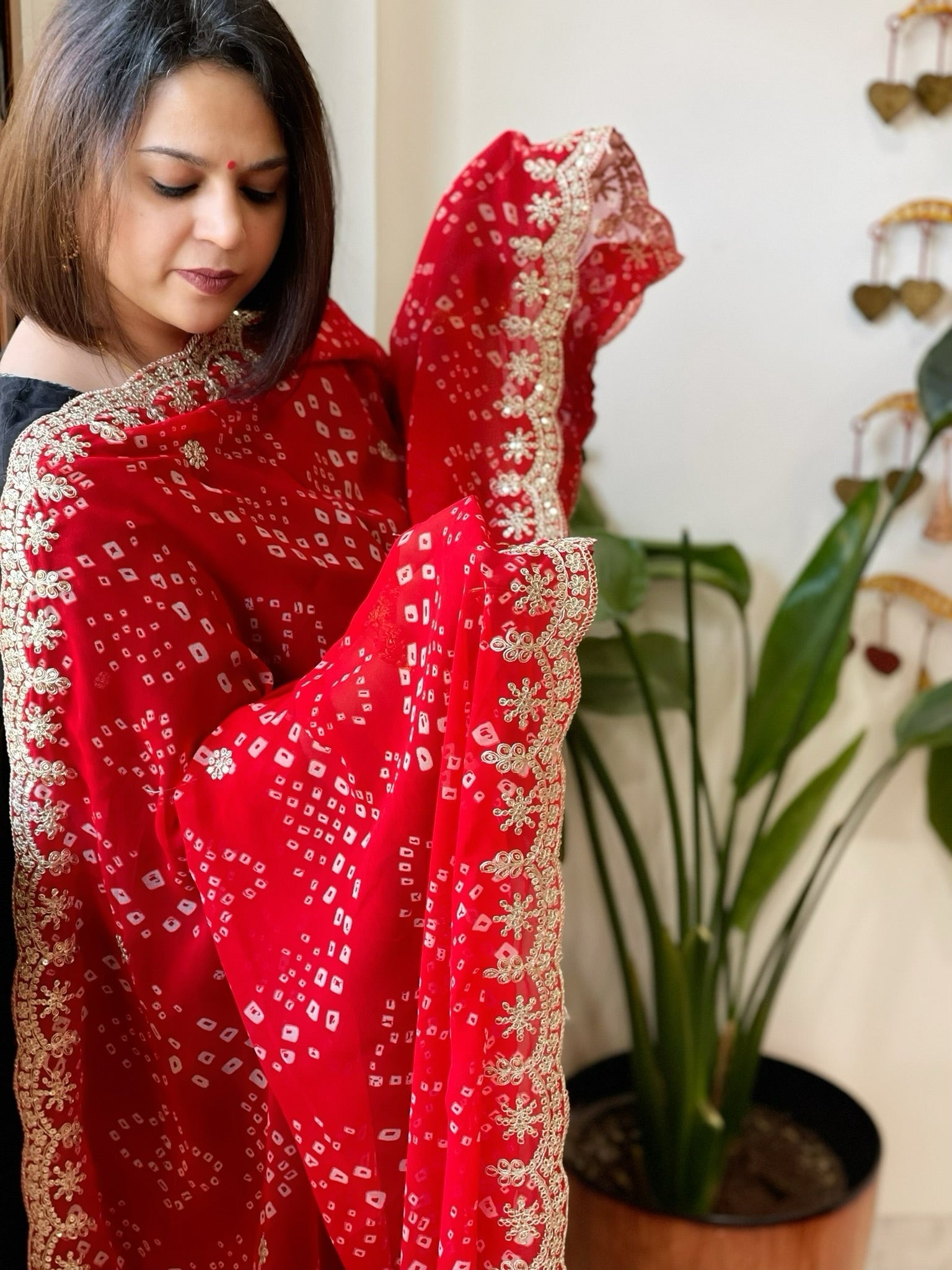 Red Printed Viscose Georgette Bandhej Dupatta with Gold Thread & Sequin Embroidered Border - Masakalee