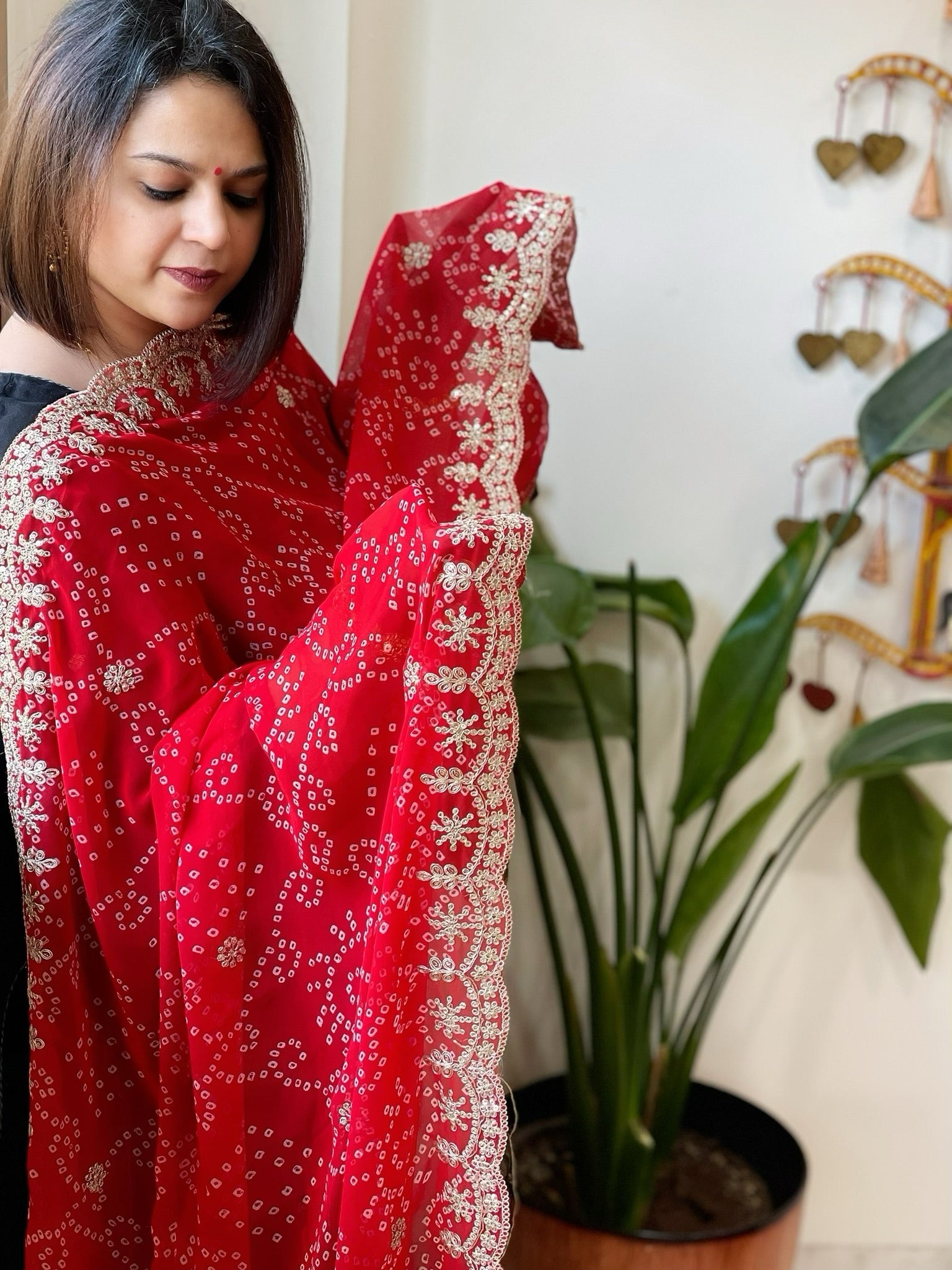 Red Printed Viscose Georgette Bandhej Dupatta with Gold Thread & Sequin Embroidered Border - Masakalee