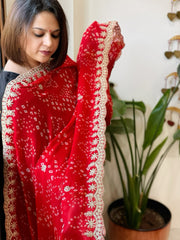 Red Printed Viscose Georgette Bandhej Dupatta with Gold Thread & Sequin Embroidered Border - Masakalee