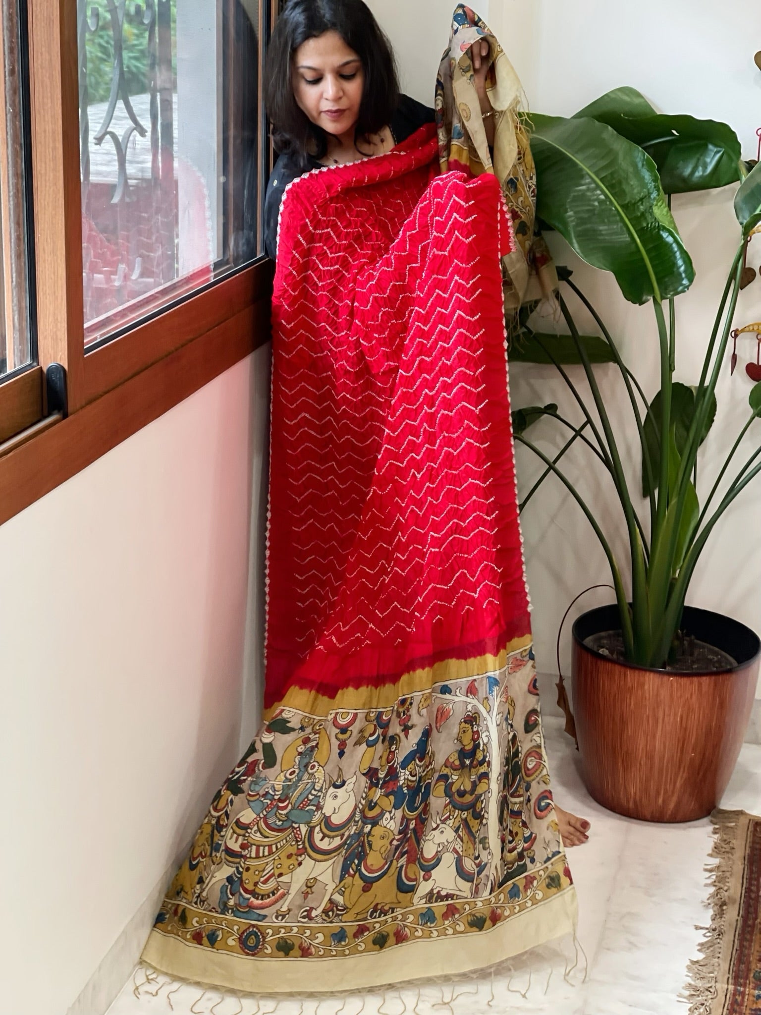 Red Rai Bandhej Dupatta with Handpainted Kalamkari Pallu in Pure Muga Silk - Masakalee