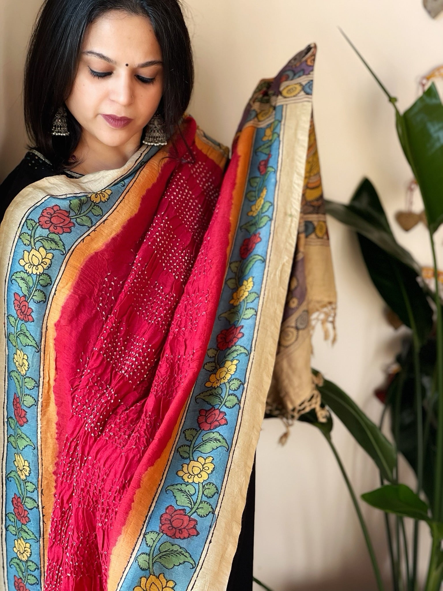 Red Rai Bandhej Dupatta with Handpainted Kalamkari Pallu in Pure Muga Silk - Masakalee