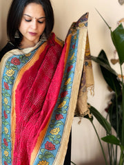 Red Rai Bandhej Dupatta with Handpainted Kalamkari Pallu in Pure Muga Silk - Masakalee