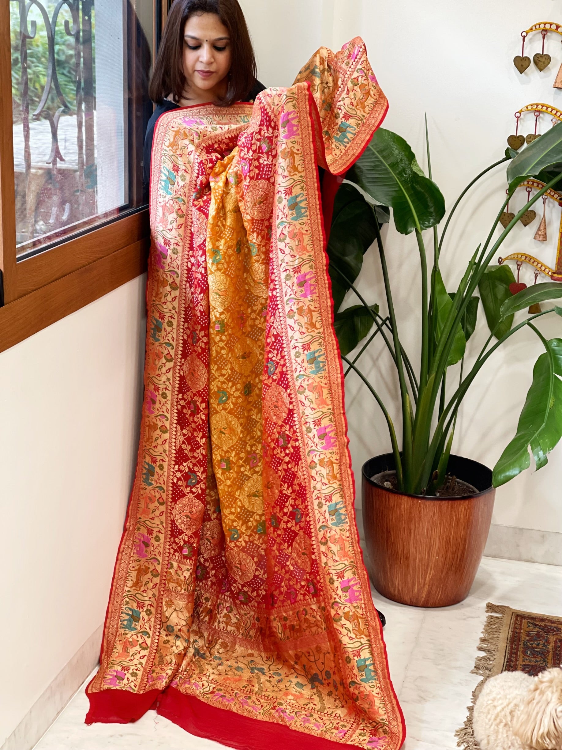 Red Rai Bandhej Dupatta with Meenakari Jaal design in Georgette - Masakalee