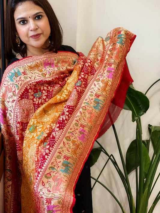 Red Rai Bandhej Dupatta with Meenakari Jaal design in Georgette - Masakalee