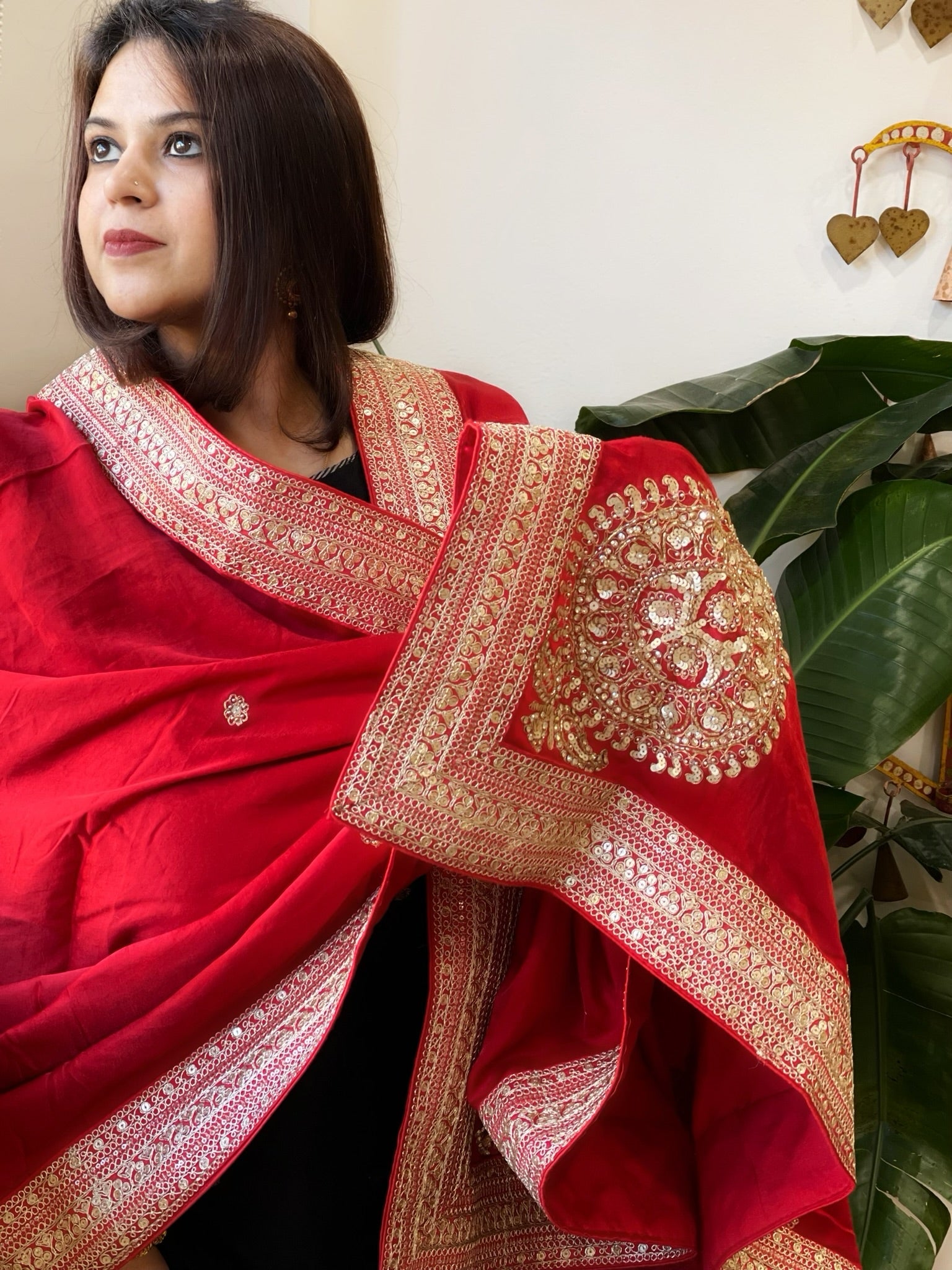 Red Satin Dupatta with Sequin Butas and Heavy Embroidered Border - Masakalee