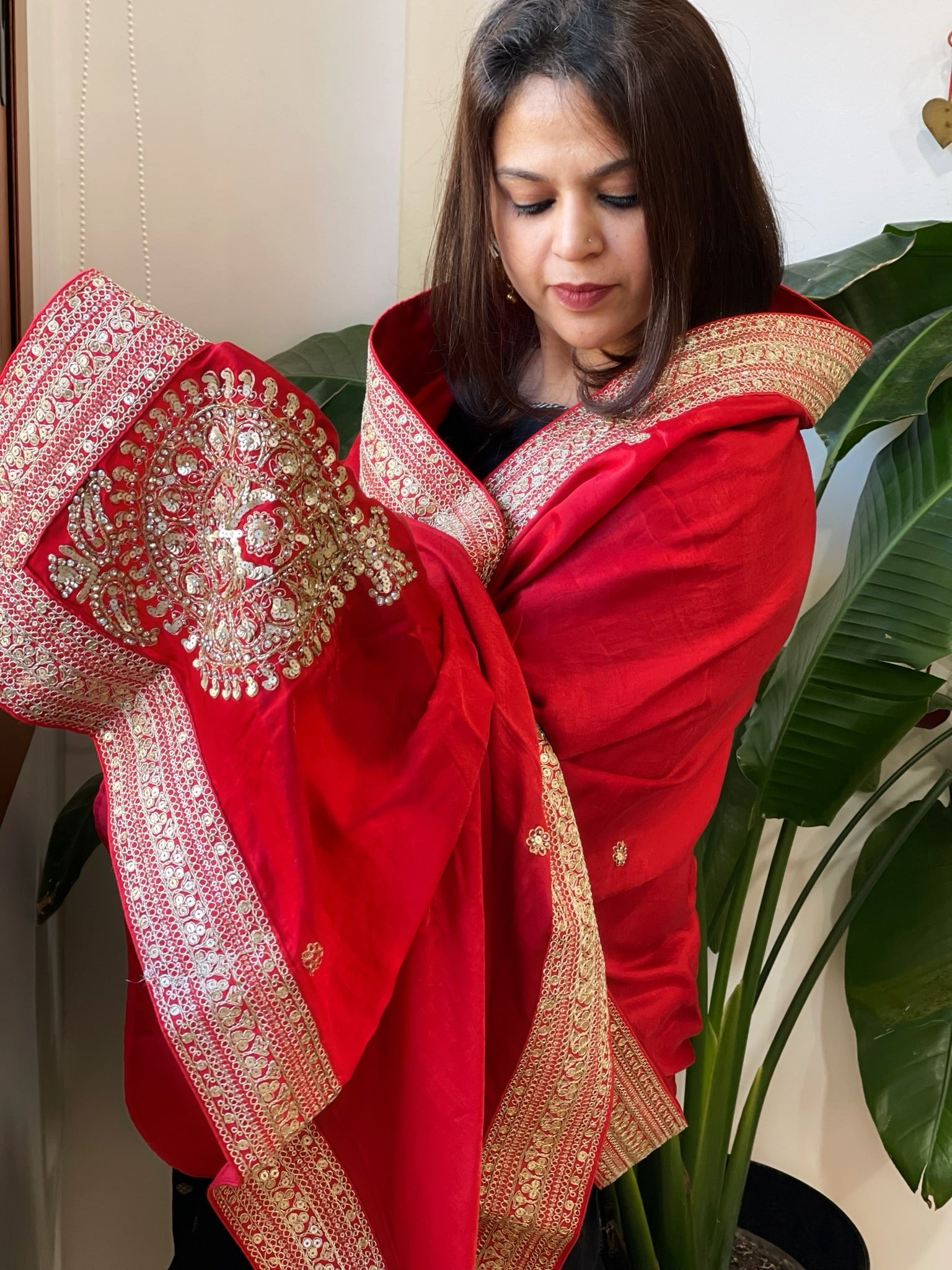 Red Satin Dupatta with Sequin Butas and Heavy Embroidered Border - Masakalee
