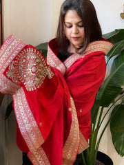 Red Satin Dupatta with Sequin Butas and Heavy Embroidered Border - Masakalee