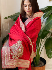 Red Satin Dupatta with Sequin Butas and Heavy Embroidered Border - Masakalee