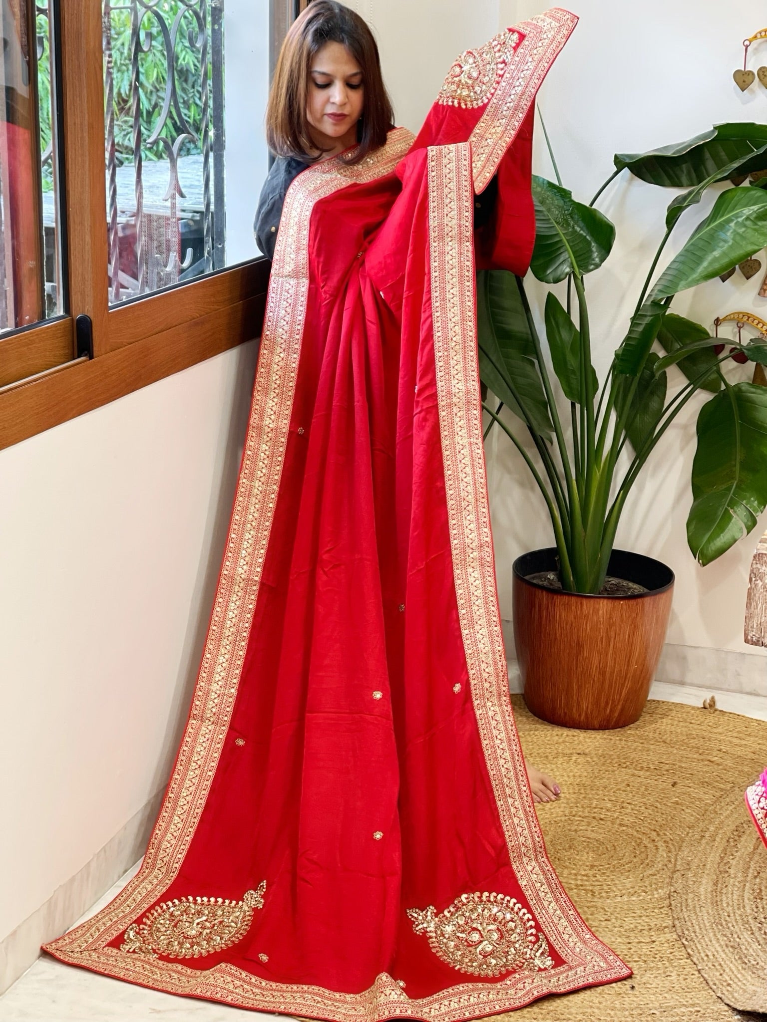 Red Satin Dupatta with Sequin Butas and Heavy Embroidered Border - Masakalee