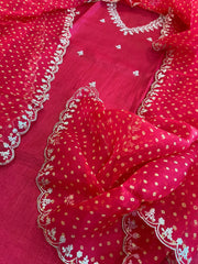 Red Suit Set with Pitta Work in Pure Tussar Silk - Masakalee