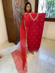 Red Suit Set with Pitta Work in Pure Tussar Silk - Masakalee