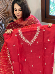 Red Suit Set with Pitta Work in Pure Tussar Silk - Masakalee