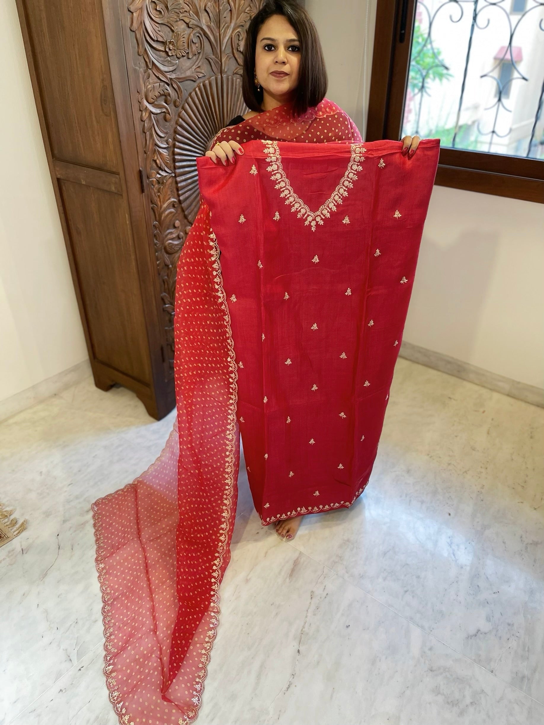 Red Suit Set with Pitta Work in Pure Tussar Silk - Masakalee