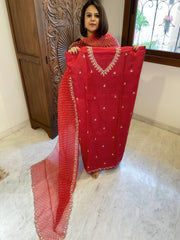 Red Suit Set with Pitta Work in Pure Tussar Silk - Masakalee