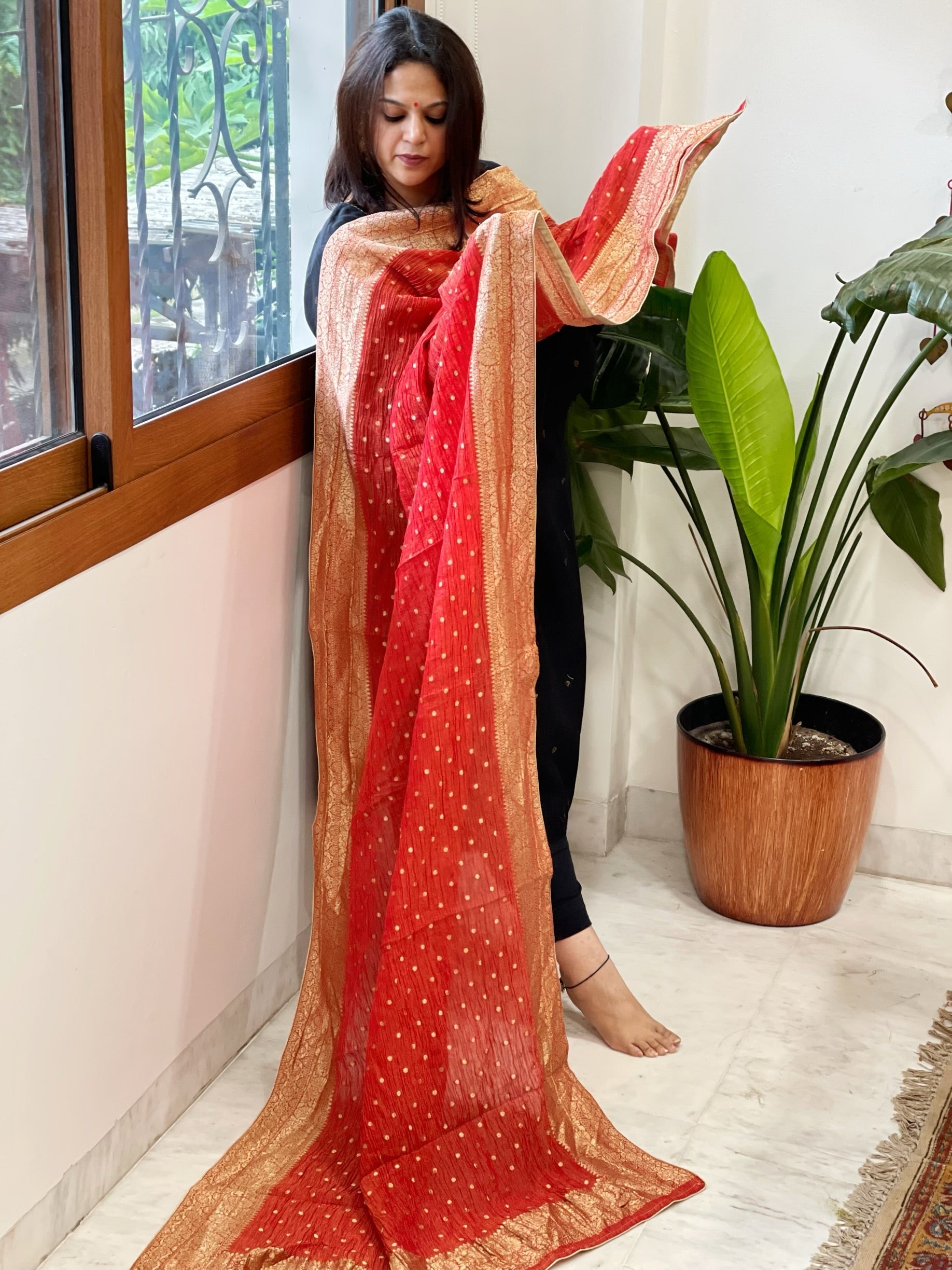 Red Woven Banarasi Dupatta in Tissue - Masakalee