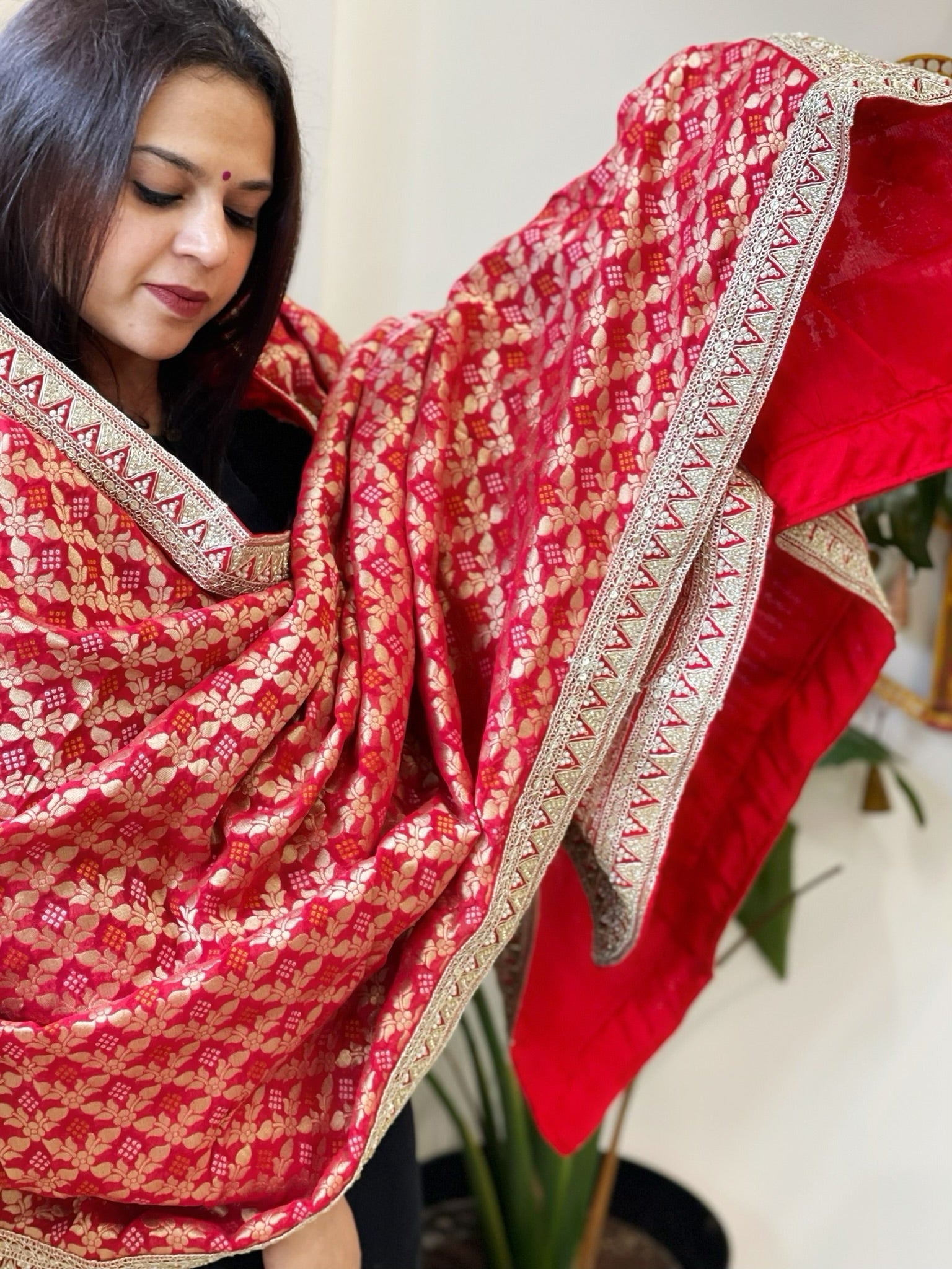 Red Woven Bandhej Banarasi Dupatta in Fine Georgette with Zardosi Work - Masakalee