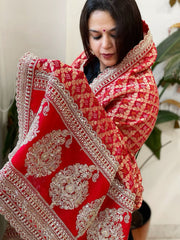 Red Woven Bandhej Banarasi Dupatta in Fine Georgette with Zardosi Work - Masakalee
