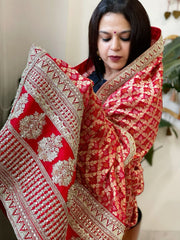 Red Woven Bandhej Banarasi Dupatta in Fine Georgette with Zardosi Work - Masakalee